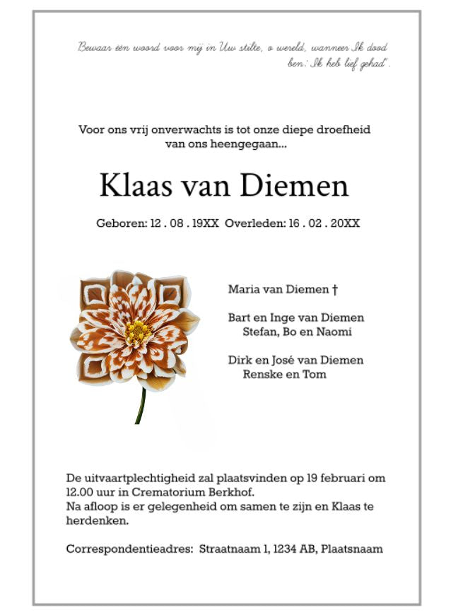 A QR flower on an obituary, adding an extra dimension to the memory of a loved one. With a simple scan, acquaintances, friends, and family can discover much more than just the text of the death notice. The flower leads them to a digital memorial page where photos, videos, and personal stories further enrich the life of the deceased. This modern addition not only makes the farewell more intimate but also creates a lasting place where memories can be shared and cherished.






