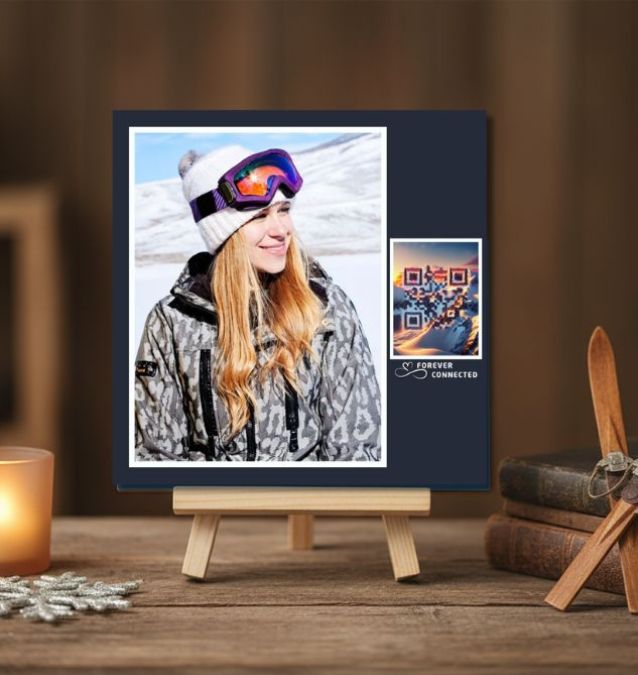 Photo with artistic QR code of a mountain scenery as testimonial picture of a family that lost their daughter. Such a QR Photo leads to the memorial page and helps in their grieving and mourning journey