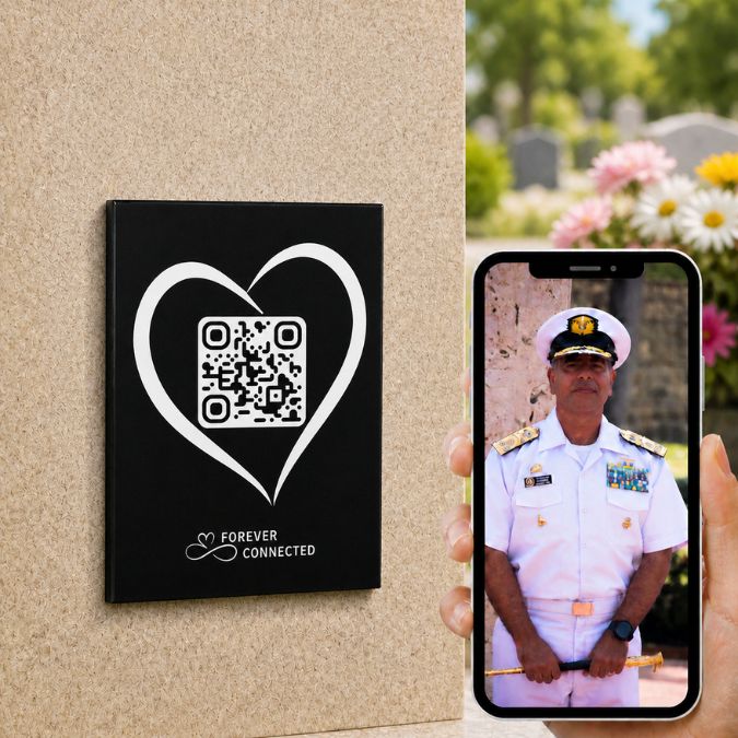 Forever Connected Memorial QR plaque with a heart shaped QR design. Scan & connect to a Digital Memorial,  Bringing Memories to Life! Ease the grieving process or give as sympathy gift for Memorial Day or to anyone that lost a loved one