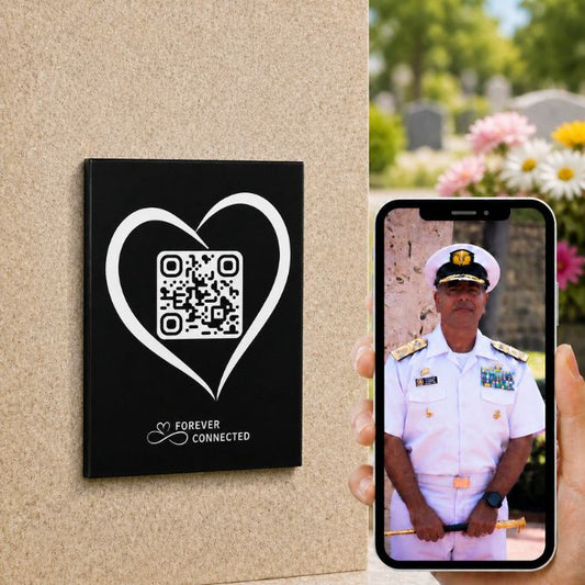 Forever Connected Memorial QR plaque with a heart shaped QR design. Scan & connect to a Digital Memorial,  Bringing Memories to Life! Ease the grieving process or give as sympathy gift for Memorial Day or to anyone that lost a loved one