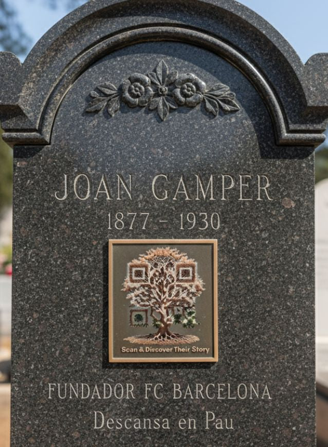 The cemetery, an open-air museum thanks to the use of artistic QR codes from Forever Connected. This mockup is for Joan Gamper, founder of FC Barcelona. Artistic QR plaques invite visitors to scan with their smartphone and instantly explore photos, videos, and personal memories. An intuitive web-based platform allows you to manage those stories. 