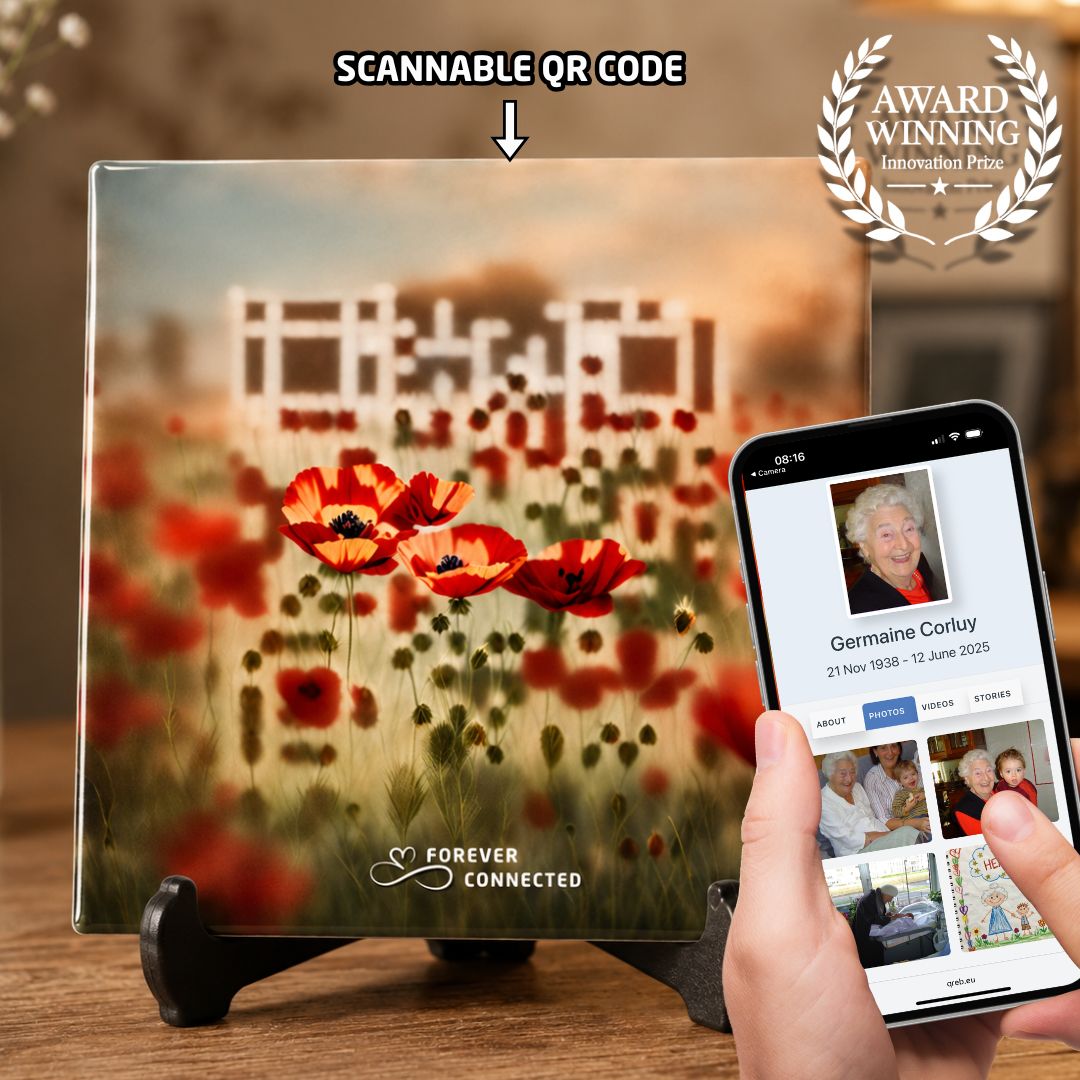 Scattered Memories of photos, vhs video, mobile phones grouped onto a QR code plaque with red poppies design and linked to an online tribute
