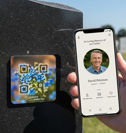 Plaque commémorative en aluminium, motif "Ne m’oubliez pas" (myosotis) avec code QR intégré + page commémorative