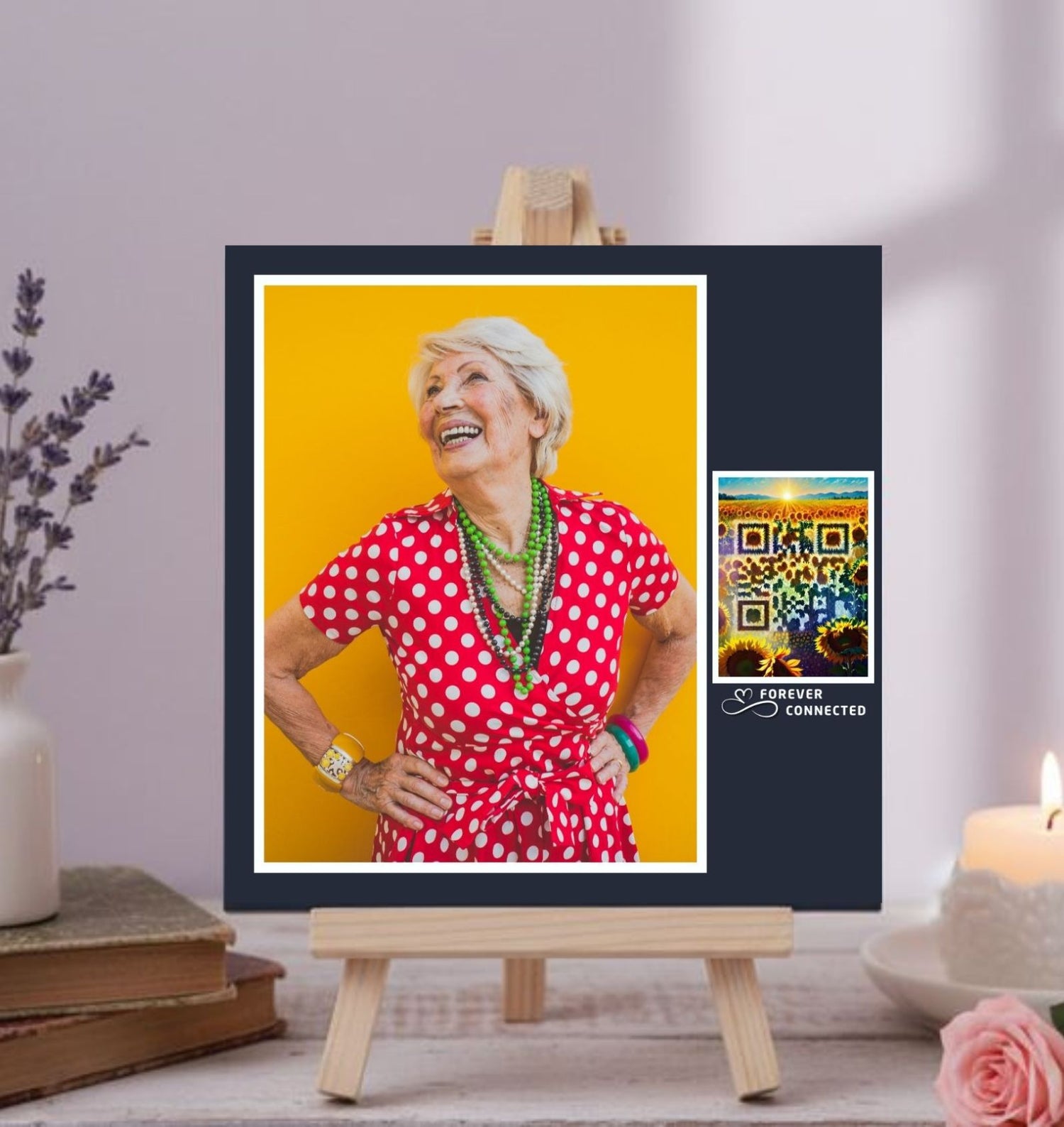 Personalized Forever Connected memorial photo tile with custom artistic QR design of sunflowers and a sunset, showing how we can create unique remembrance objects that match your project and honor loved ones with a digital tribute.