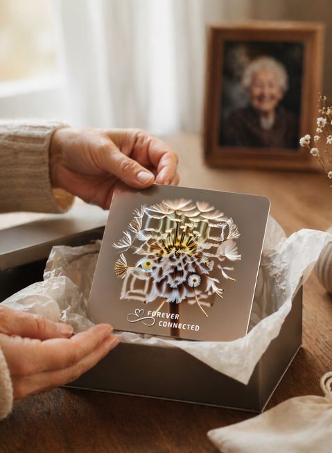 unboxing a Forever Connected QR memorial plaque as a remembrance keepsake for a loved one.