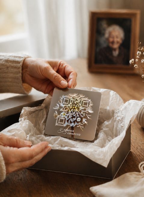 Hands unboxing a Forever Connected QR memorial plaque as a remembrance keepsake for a loved one.