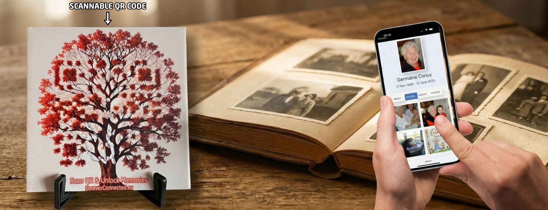 A white ceramic tile resting on a black stand, featuring a red "Tree of Life" illustration with an embedded QR code for unlocking digital memories.