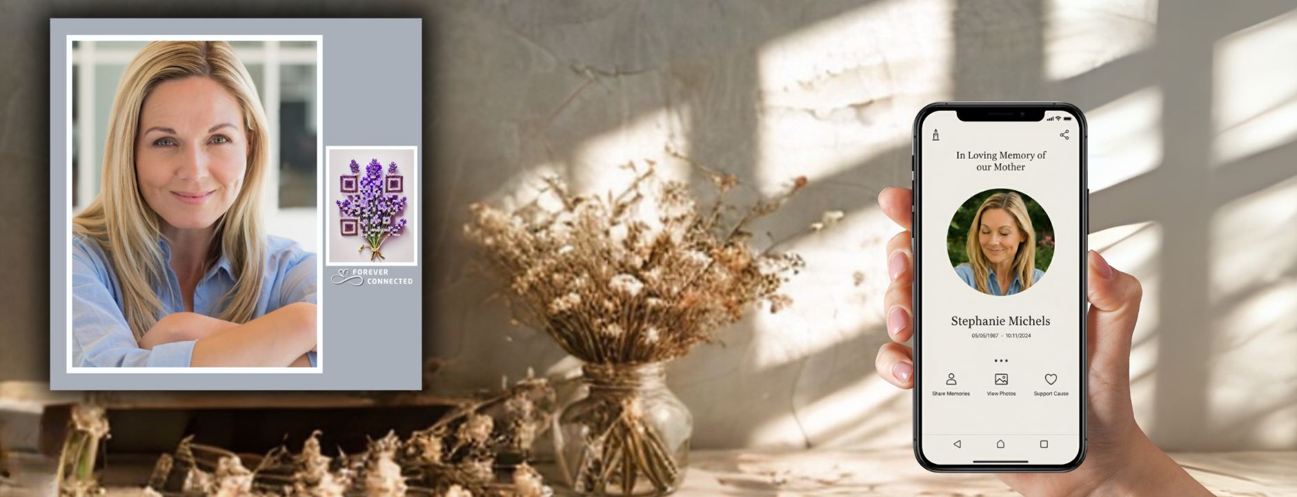 A Forever Connected digital memorial plaque with a lavender artistic QR code design, linked to an online remembrance page shown on a smartphone. A modern grief support object to preserve memories of a loved one.