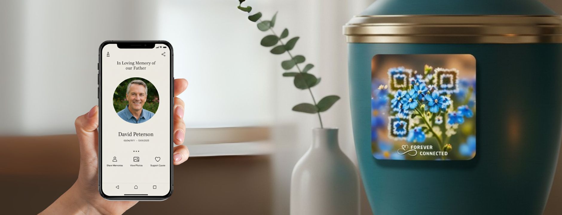 A cremation urn with a Forever Connected artistic QR design featuring blue forget-me-not flowers, linked to a digital memorial page shown on a smartphone. A modern remembrance object for honoring loved ones after cremation.
