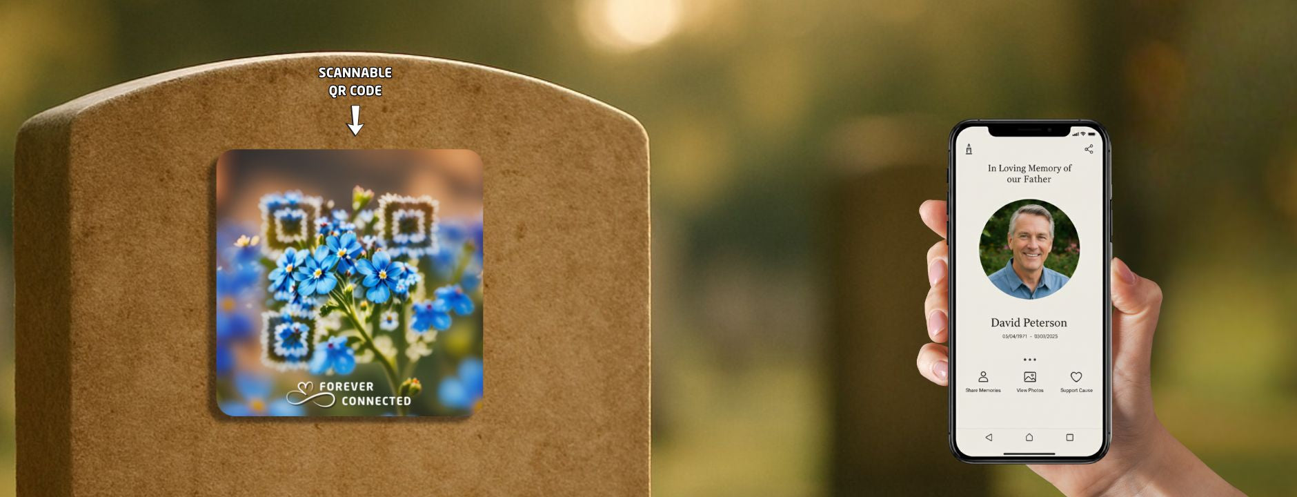 A headstone  with a Forever Connected artistic QR design featuring blue forget-me-not flowers, linked to a digital memorial page shown on a smartphone. A modern remembrance object for honoring loved ones after cremation.