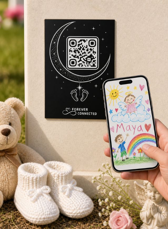 Forever Connected moon and stars QR remembrance plaque for an angel baby, shown at a resting place with teddy bear and linked to a digital tribute page