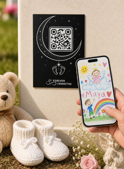 Forever Connected moon and stars QR remembrance plaque for an angel baby, shown at a resting place with teddy bear and linked to a digital tribute page