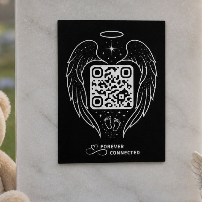 Forever Connected angel wings QR plaque with baby footprints, designed for an angel baby memorial and linked to a personal online remembrance page