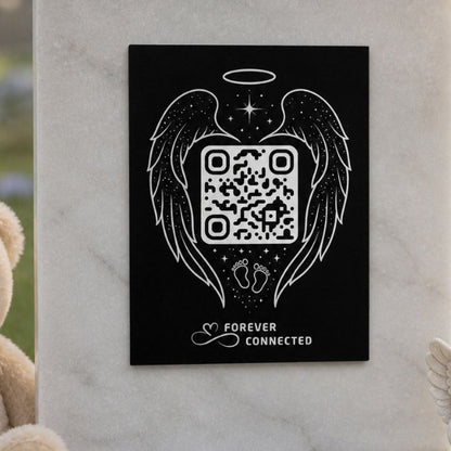 Forever Connected angel wings QR plaque with baby footprints, designed for an angel baby memorial and linked to a personal online remembrance page