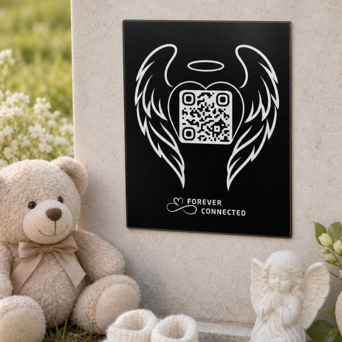 Forever Connected QR memorial plaque with angel wings an angel baby, shown with teddy bear, baby shoes and a digital memorial connection