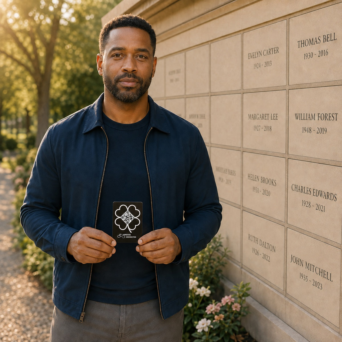 A man wearing a navy blue zip-up jacket over a dark t-shirt stands in front of a beige memorial wall with engraved names, holding a small black QR plaque with a clover design