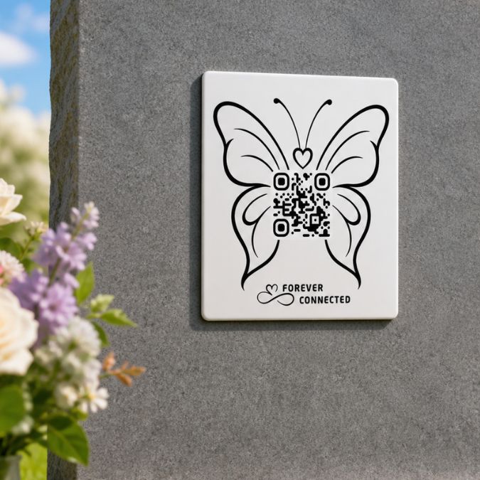 Forever Connected white plaque with  butterfly QR remembrance plaque on a light stone headstone, connecting visitors to an online tribute page with memories of a loved one