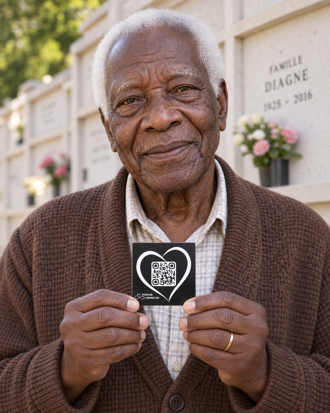 An elderly man with white hair stands in front of a cemetery wall, holding a small black square card with a white heart outline and QR code. He wears a brown knit cardigan over a light plaid shirt, and tombstones with flowers are blurred in the background.