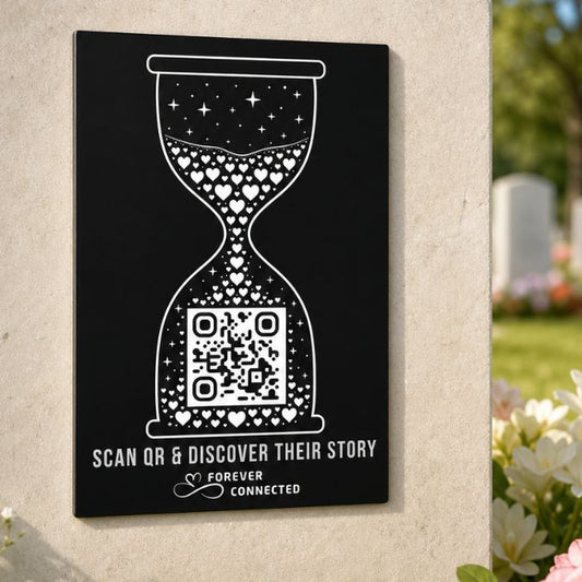 Forever Connected hourglass QR remembrance plaque with “discover their story” message, connecting a grave to a digital memorial page