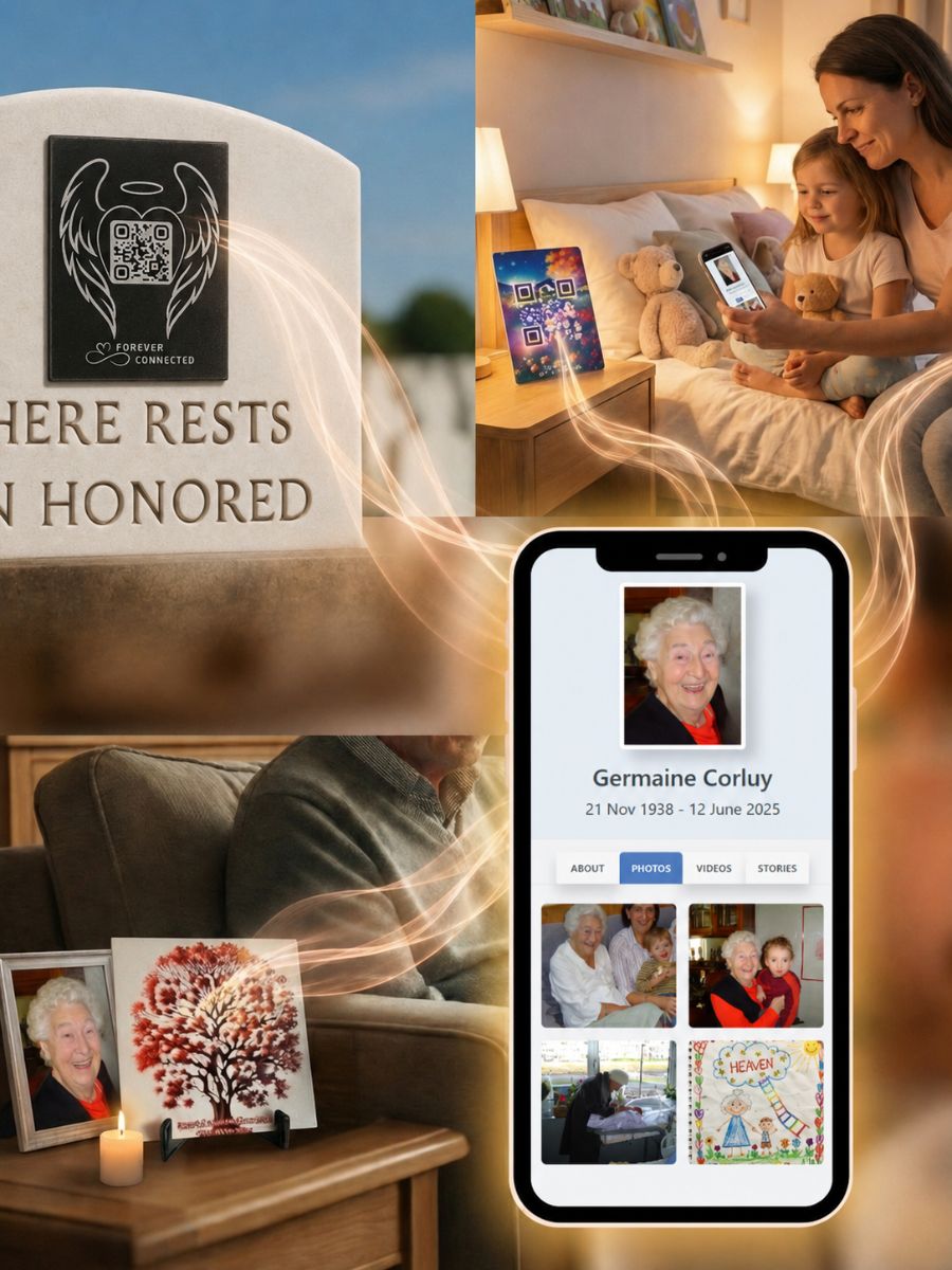 A shared Forever Connected memorial page accessed through multiple remembrance objects, shown at the grave and at home, allowing family members, grandchildren and friends to relive photos and memories together.