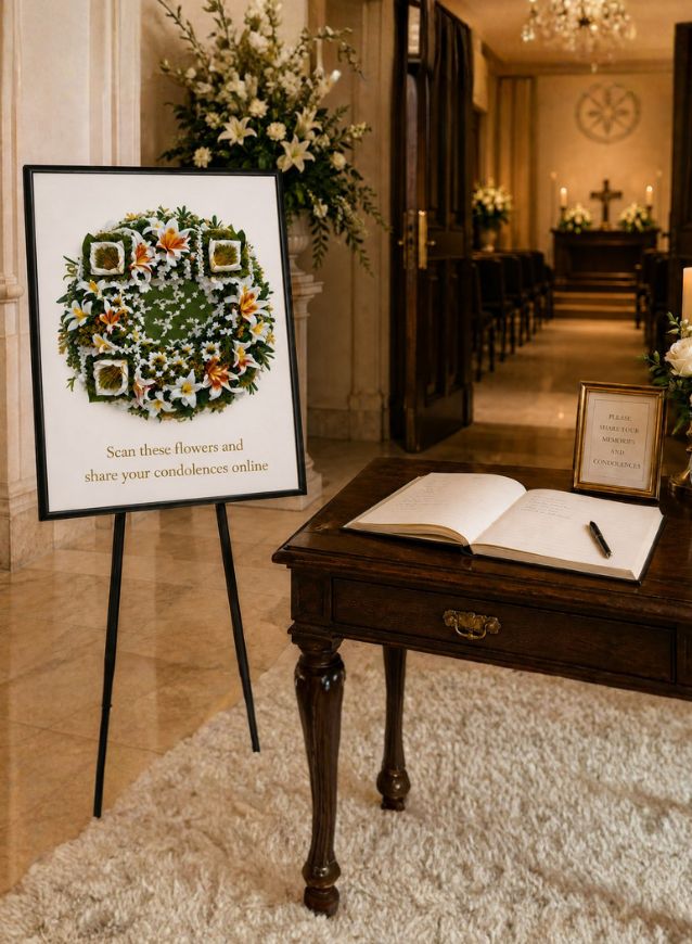 Scannable Forever Connected condolence flower wreath at a funeral home, allowing visitors to share condolences online and view photos, videos and memories of the deceased.