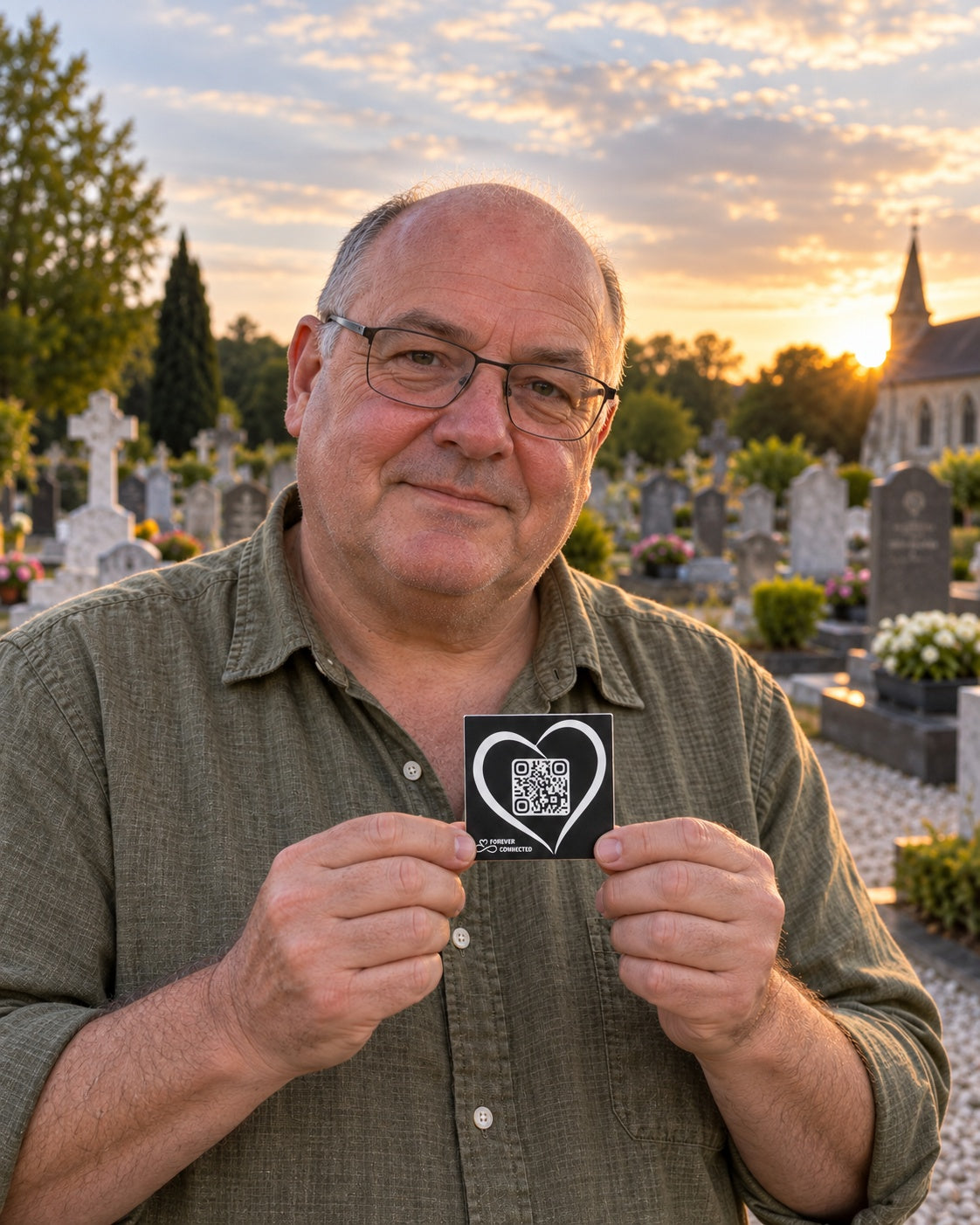 A man wearing glasses and a green shirt stands in a cemetery at sunset, holding up a small black square card with a white heart outline and QR code.