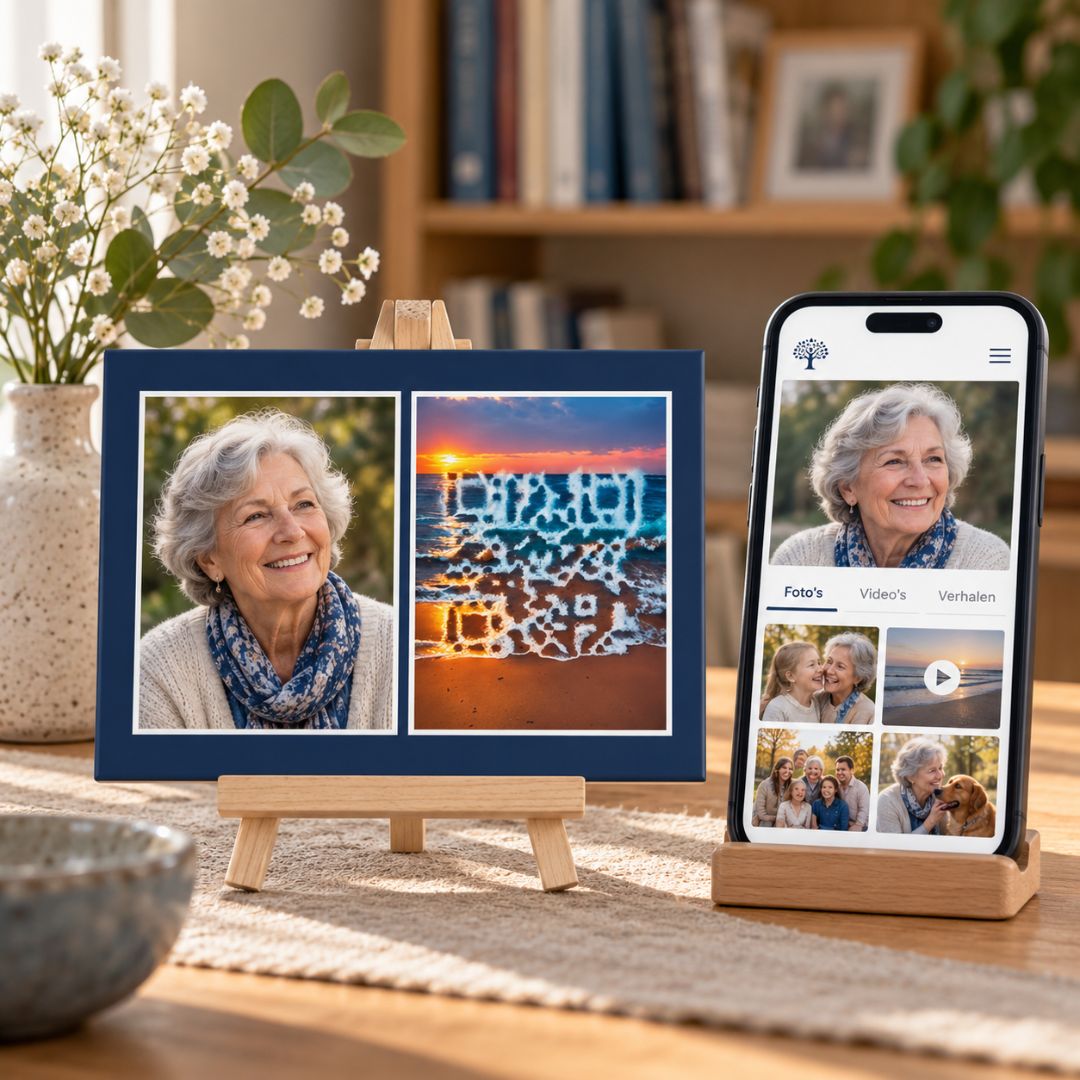 A ceramic tile QR code memorial plaque with a scannable sunset, and a memorial page displayed on a mobile phone
