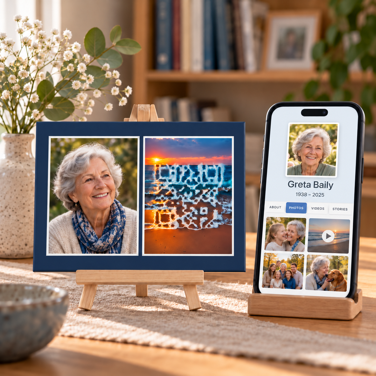 A ceramic tile QR code memorial plaque with a scannable sunset, and a memorial page displayed on a mobile phone