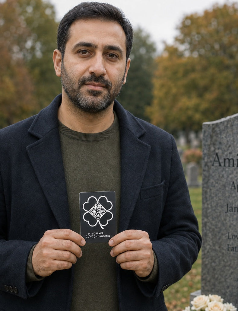 A man wearing a dark navy blazer and olive green shirt stands in a cemetery next to a gray stone grave marker inscribed with 'Amir Rahmani'. He holds up a small black QR Plaque  featuring a clover design