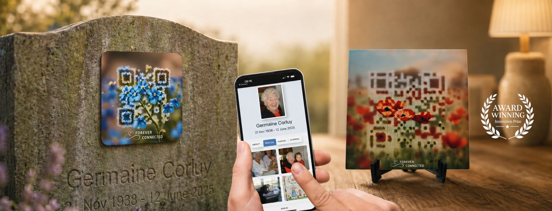 Hand scanning a QR remembrance plaque and memorial tile to open an online tribute page with photos, videos, and memories.