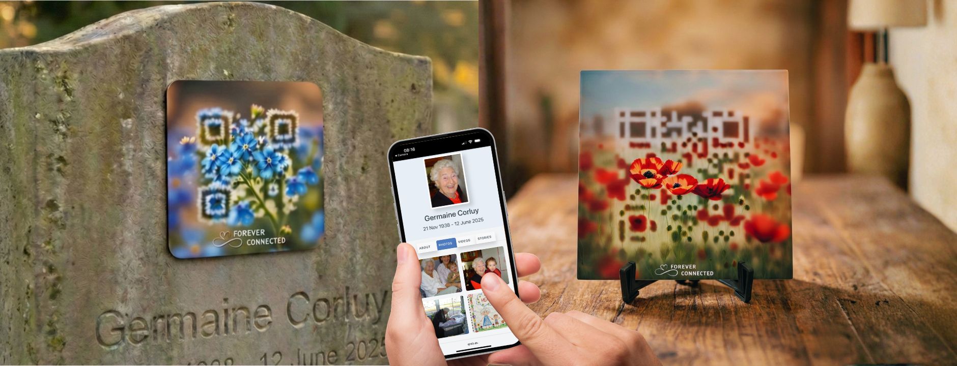 Hand scanning a QR remembrance plaque and memorial tile to open an online tribute page with photos, videos, and memories.