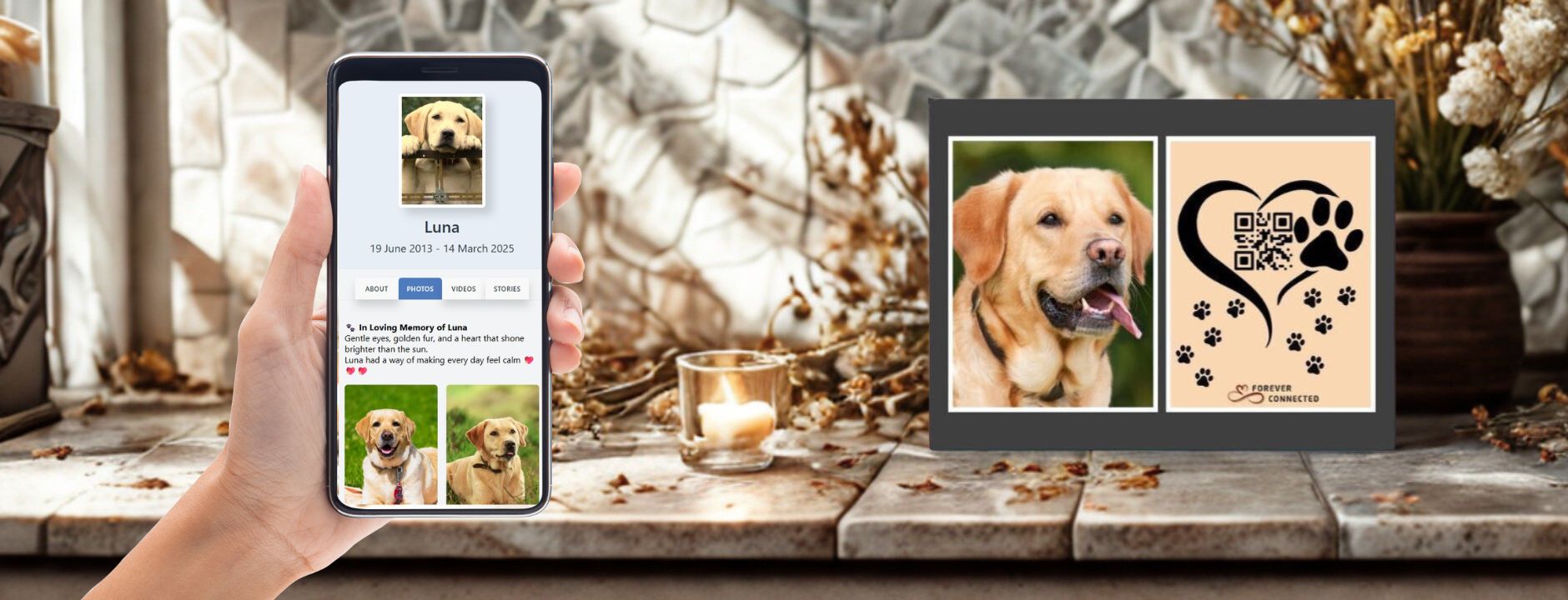 A serene memorial scene showing a framed tribute to a golden retriever with a photo and artistic QR code tile labeled "Forever Connected," beside a hand holding a phone with a memorial page open.