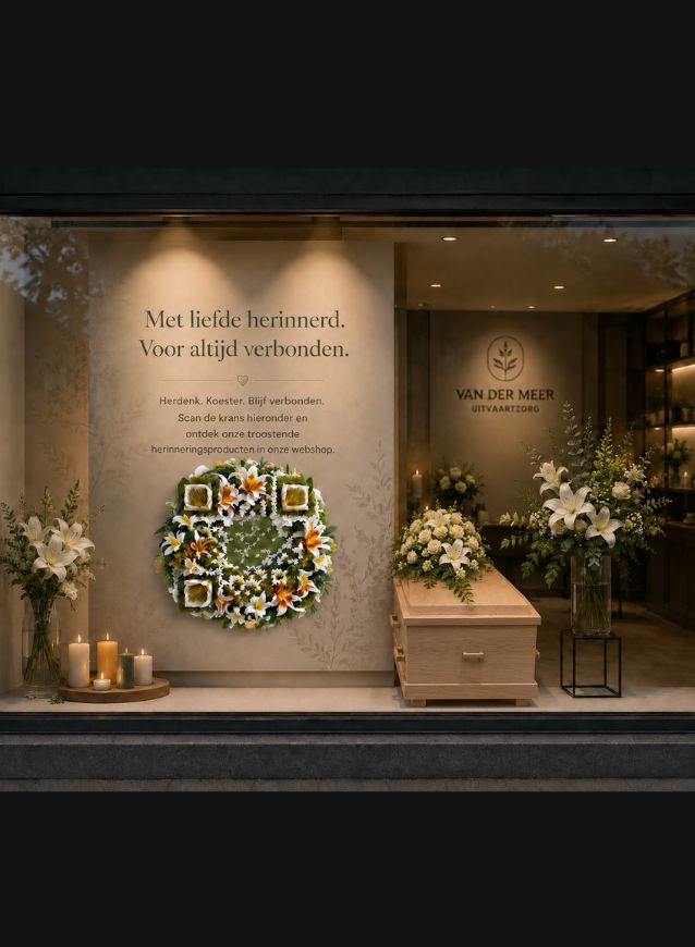 Scannable QR flower wreath displayed in the window of a funeral home, linking visitors to a webshop or online condolence platform.