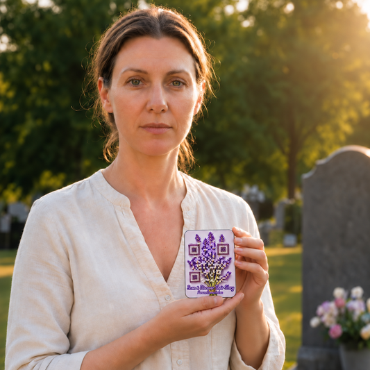Memorial plaque with artistic QR codes in a lavender flower design, linking to a digital remembrance page with personal memories and photos. A lady holds the QR plaque and the QR plaque helps her in her grief journey