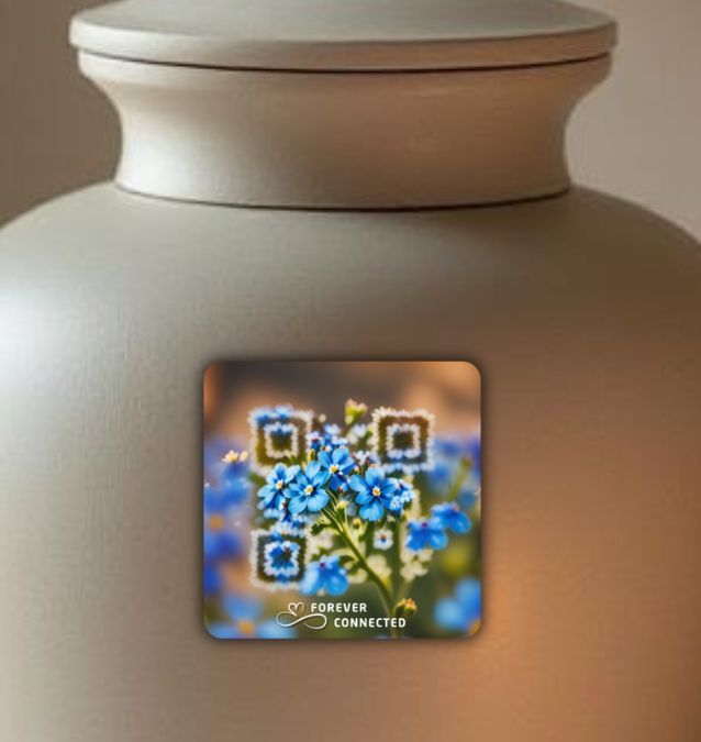 Innovation in the remembrance and funeral sector: Square memorial plaque with artistic QR and forget-me-not flowers on a beige urn — Forever Connected