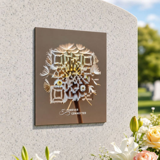 QR memorial plaque on gravestone linking to an online tribute page, modern remembrance keepsake for cemetery headstones