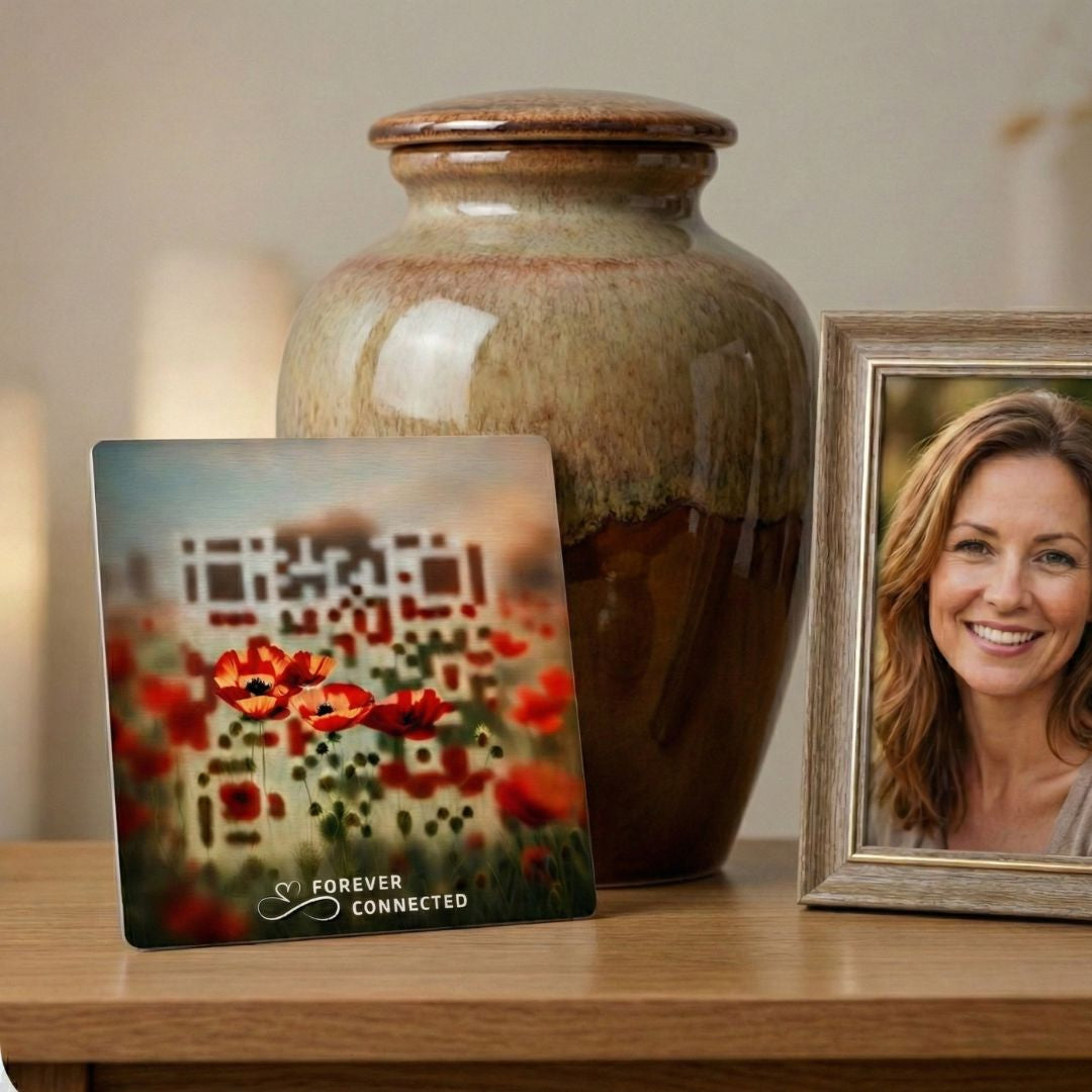 Forever Connected Red Poppies QR medallion beside an urn and framed portrait, linking to a digital memorial page for sharing memories at home.