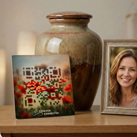 Forever Connected Red Poppies QR medallion beside an urn and framed portrait, linking to a digital memorial page for sharing memories at home.