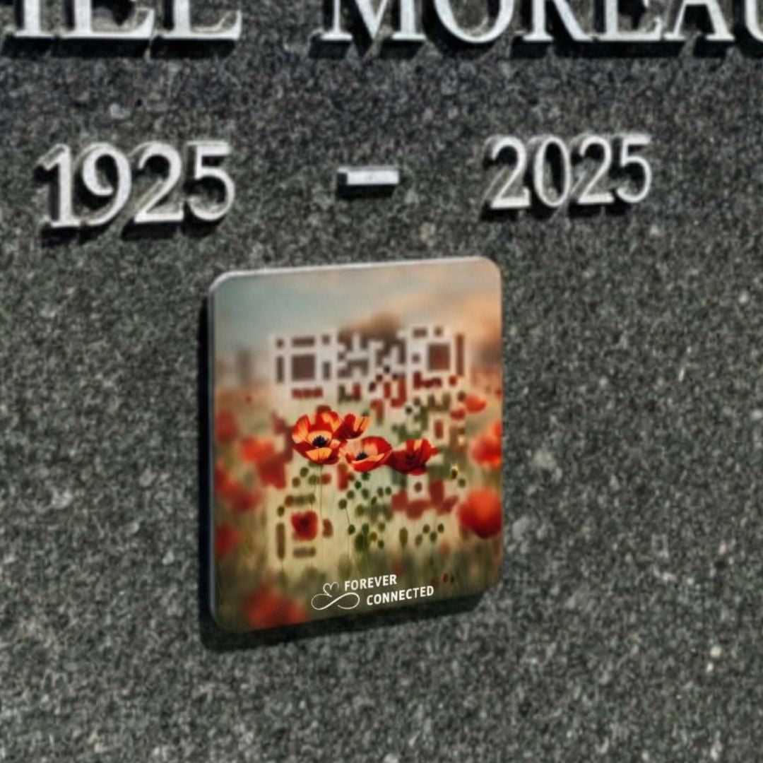 Forever Connected Red Poppies QR memorial medallion on a grave headstone, scannable design linking to an online tribute page.