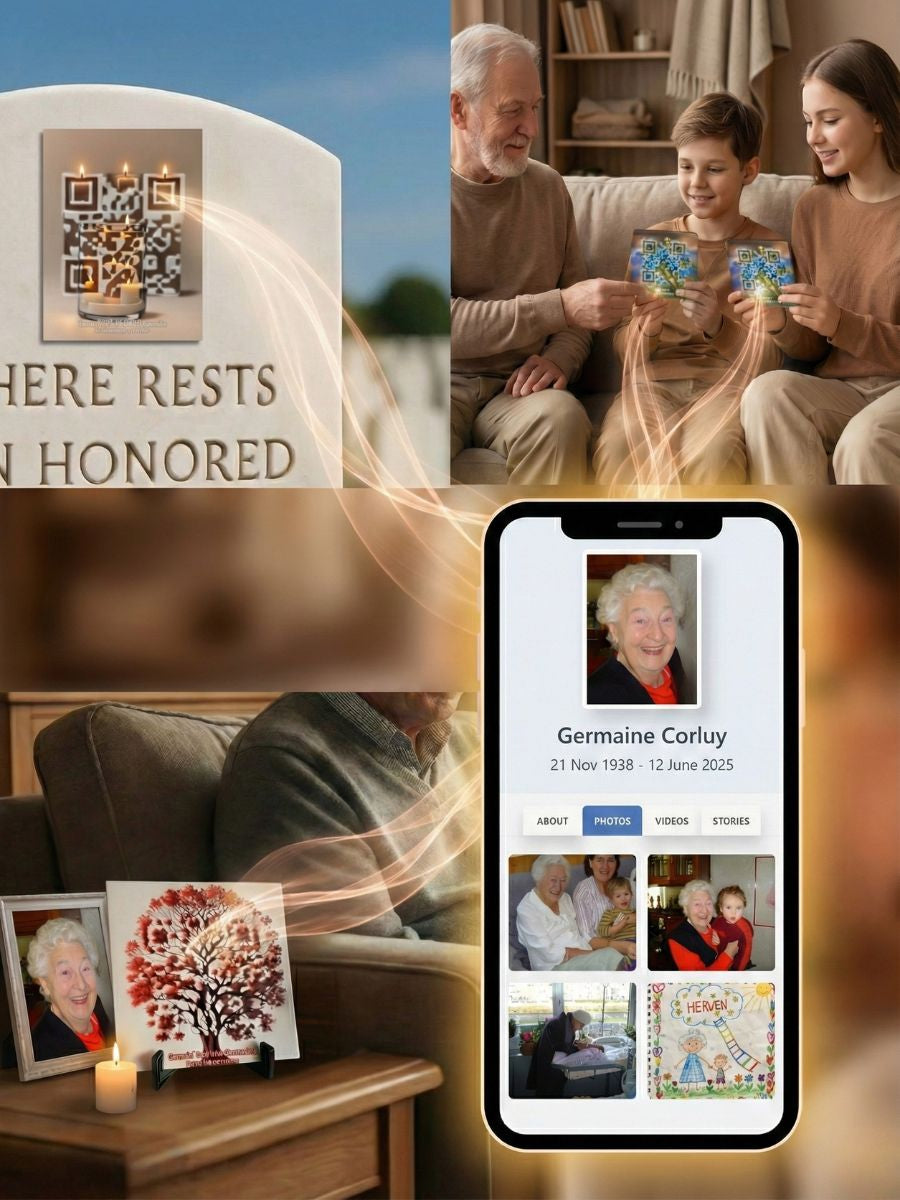 A shared Forever Connected memorial page accessed through multiple remembrance objects, shown at the grave and at home, allowing family members and grandchildren to relive photos and memories together.