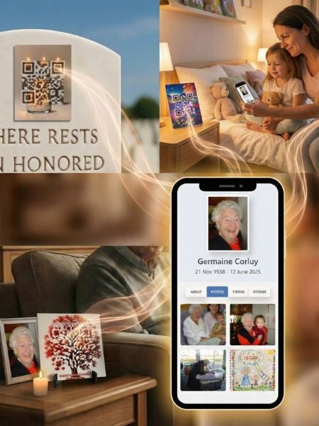 What's included in the package you buy from Forever Connected: these Bereavement and Remembrance Gifts include a QR memento or QR memorial  object and a virtual memorial website