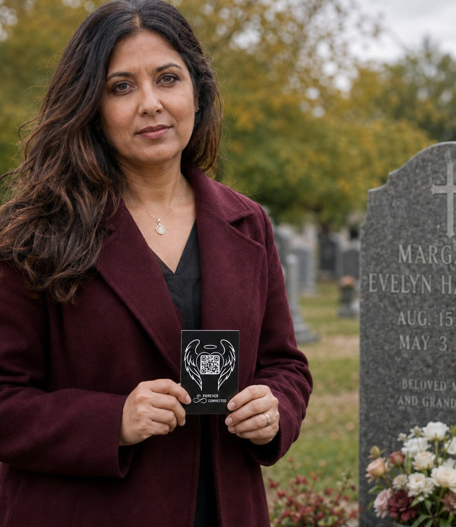 A woman in a burgundy coat stands in a cemetery holding a small black QR code plaque next to a gray headstone for Margaret Evelyn Harrison.