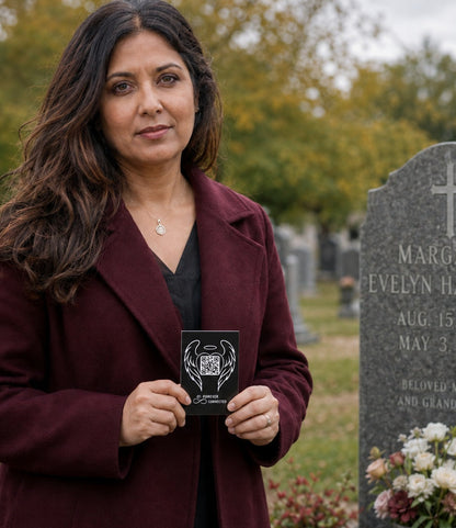 A woman in a burgundy coat stands in a cemetery holding a small black QR code plaque next to a gray headstone for Margaret Evelyn Harrison.