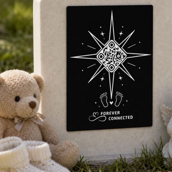 Forever Connected star QR memorial plaque for an angel baby, connecting a baby memorial to an online tribute page with ultrasound images, music and family memories