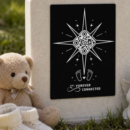 Forever Connected star QR memorial plaque for an angel baby, connecting a baby memorial to an online tribute page with ultrasound images, music and family memories