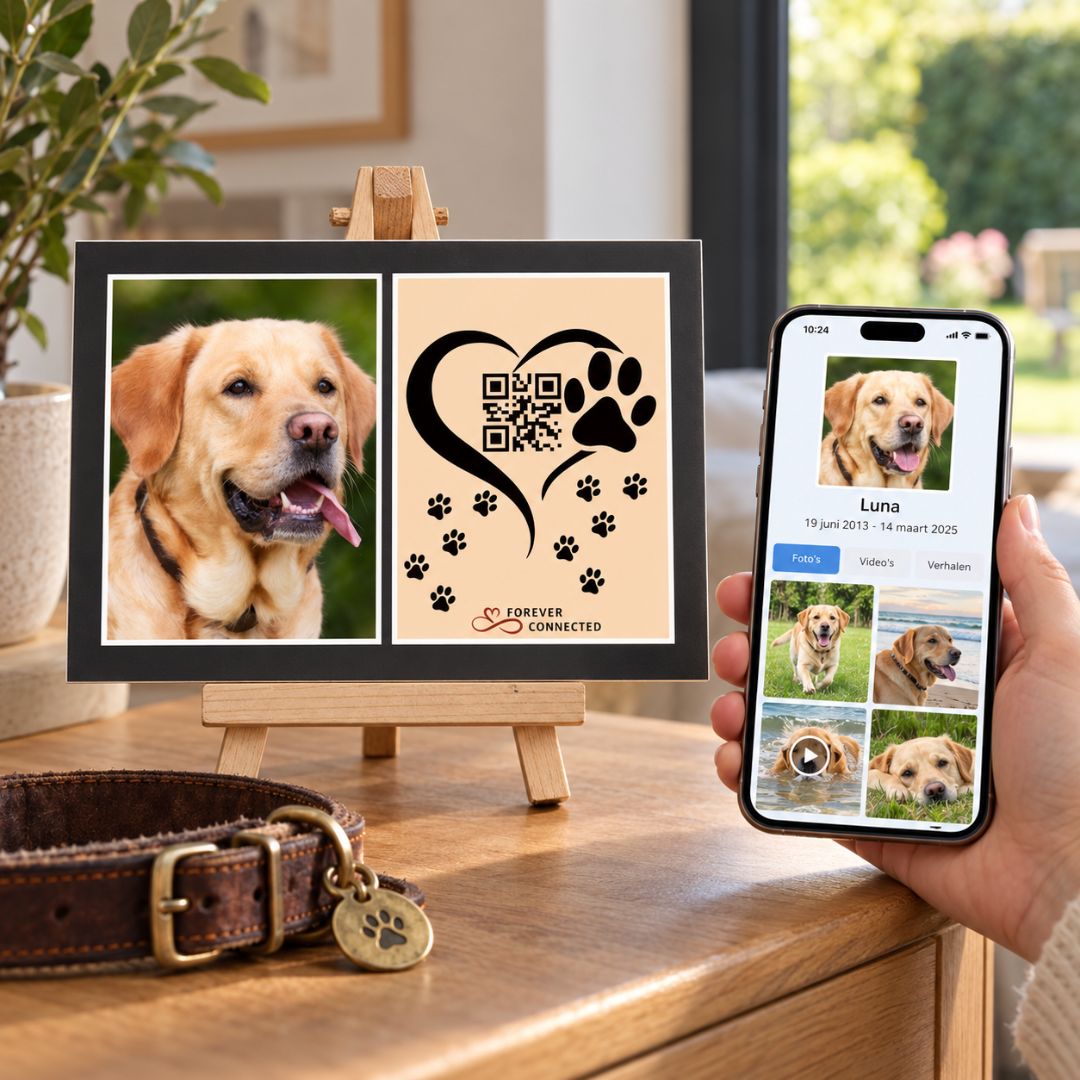 A serene memorial scene showing a framed tribute to a golden retriever with a photo and artistic QR code tile labeled "Forever Connected," beside a hand holding a phone with a memorial page open.