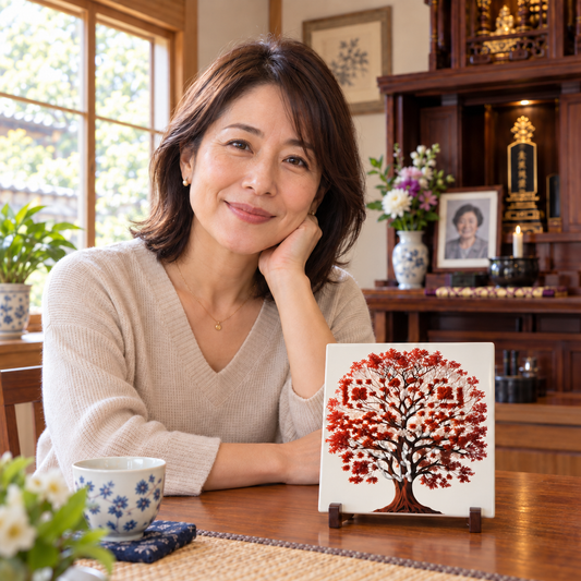 A woman sits near a memory QR tile that shows a tree of life that can be scanned like a QR code and leads to a memorial page