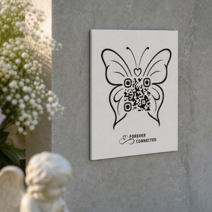 Forever Connected butterfly QR memorial plaque with white background for an angel baby, attached to a headstone and linking to an online memorial page with precious memories