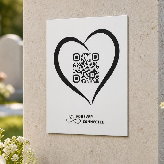 Forever Connected white plaque with heart QR remembrance plaque for an angel baby, shown with a teddy bear and linking to a digital memorial page that keeps memories alive