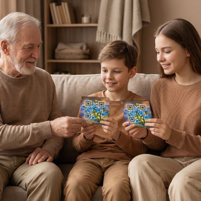 An elderly man sitting on a beige sofa with a young boy and girl, gives them a  square QR memorial plaque so they can also relive memories of their grandmother